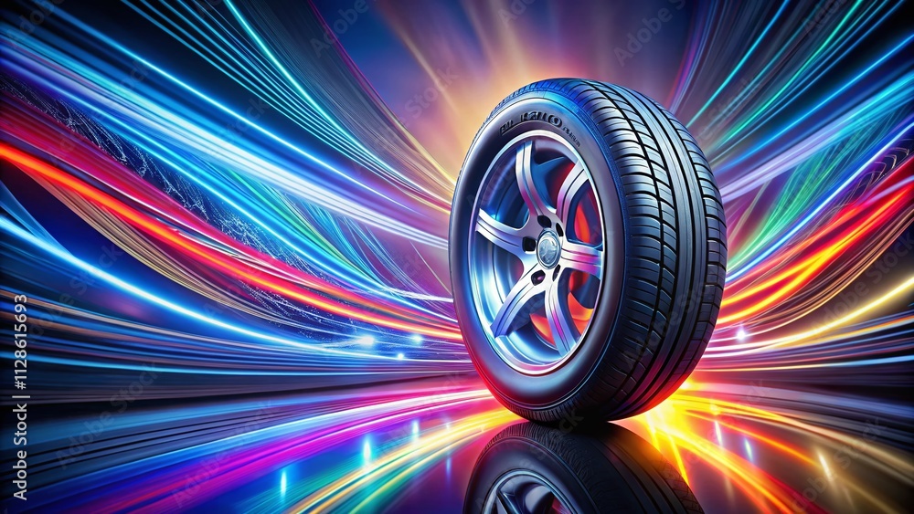 Poster artistic aerial view of a car tire and wheel enveloped in dynamic abstract swirls of light and motio
