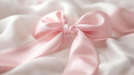 Pink Satin Ribbon Bow on White Silk Fabric
