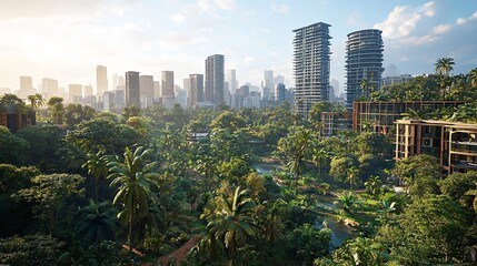 A Cityscape with Skyscrapers Surrounded by Lush Greenery