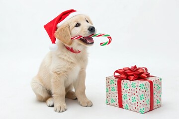 Playful Christmas Puppy with Candy Cane