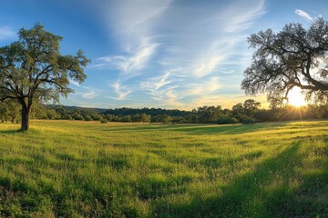 Obraz premium A panoramic view of a serene meadow with tall green grass and scattered trees under a vibrant blue sky