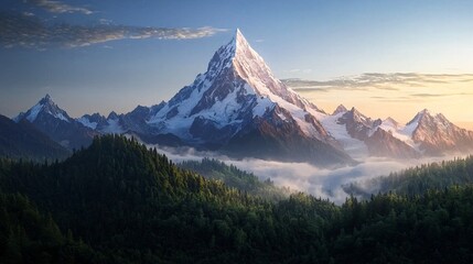 A majestic snow-capped mountain rises above a lush green forest, surrounded by mist and bathed in the warm glow of a sunrise.