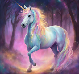A serene unicorn drinks from a crystal-clear pool at the base of a cascading waterfall. Its pearlescent coat reflects the shimmering water, and its iridescent mane flows gracefully in the breeze. The 