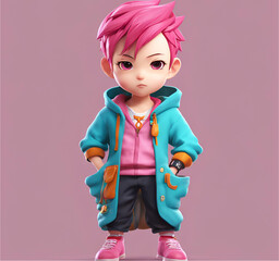 A cheerful child with bubblegum pink hair beams with excitement, wearing a futuristic superhero suit adorned with glowing accents. Their hands are outstretched, ready to unleash their imaginary superp