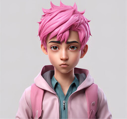 A small but mighty child hero with cotton-candy pink hair stands boldly atop a mountain, their costume glistening in the sunlight. The wind catches their cape as they gaze heroically at the horizon, r