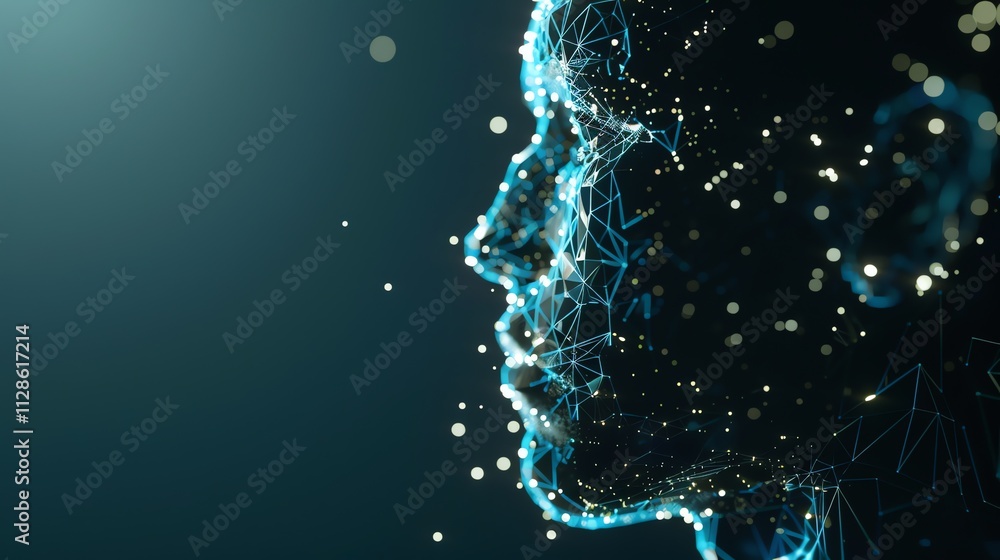 Poster a digital rendering of a human head made of connected lines and dots.