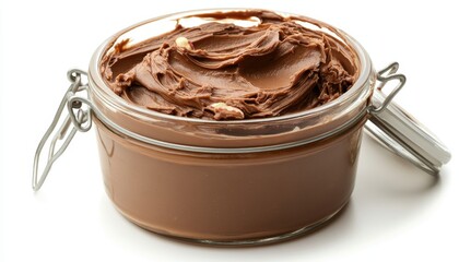 Glass Jar Filled With Chocolate Hazelnut Spread, Sprinkled With Nuts. Isolated On White Background.