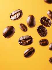 Coffee beans falling in the air isolated on a white background. Coffee beans flying on yellow background isolated 