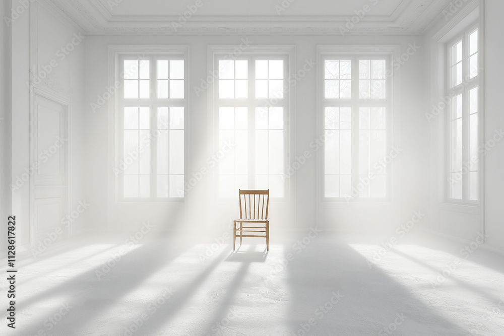 Poster light streams through windows onto a single wooden chair in an empty room. generative ai