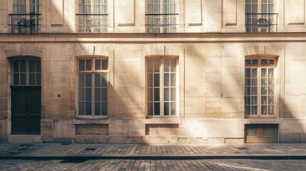 Elegant Parisian architecture, minimalist design, facing a wall with windows and doors, warm sunlight, serene urban setting, no people visible.