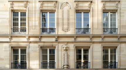 Fototapeta premium Elegant Parisian architecture, minimalist design, facing a wall with windows and doors, warm sunlight, serene urban setting, no people visible.
