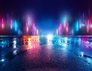 Rainy night in the city. Headlights approaching cars. Reflections of street lamps on the wet asphalt. 