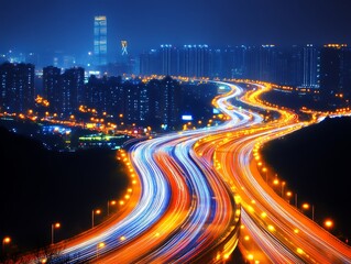 Fototapeta premium Night City Highway Traffic Light Trails