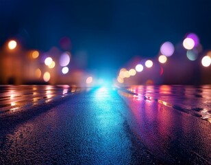 Rainy night in the city. Headlights approaching cars. Reflections of street lamps on the wet...