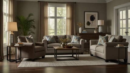 Modern living room with taupe sofa, loveseat, armchairs, coffee table, end tables, lamps, rug, and artwork.