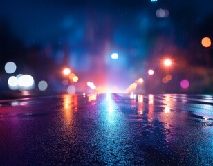 Rainy night in the city. Headlights approaching cars. Reflections of street lamps on the wet...