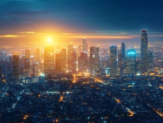 Obraz premium City Skyline Illuminated At Sunset Golden Hues