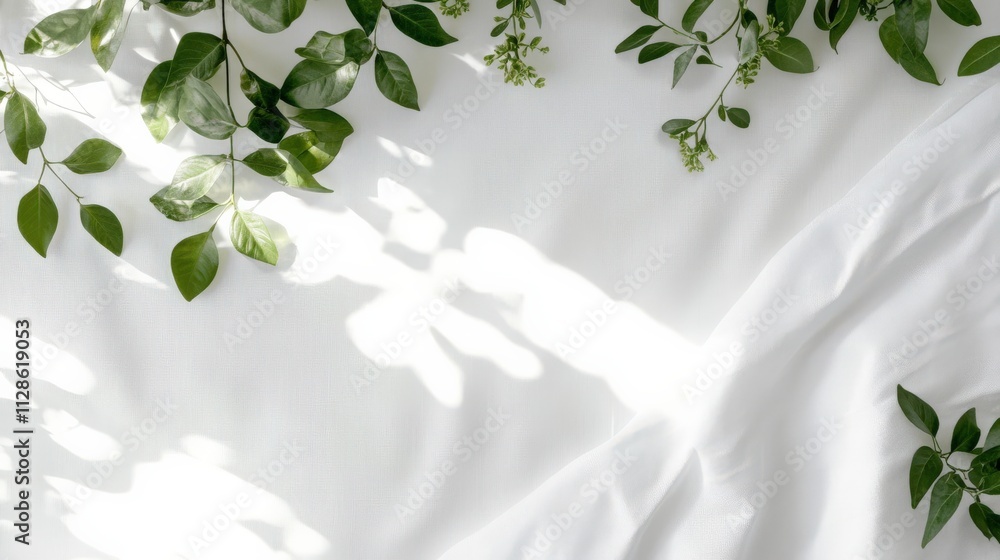 Aufkleber fresh greenery and soft drapery create a serene atmosphere with gentle light on a white surface perf