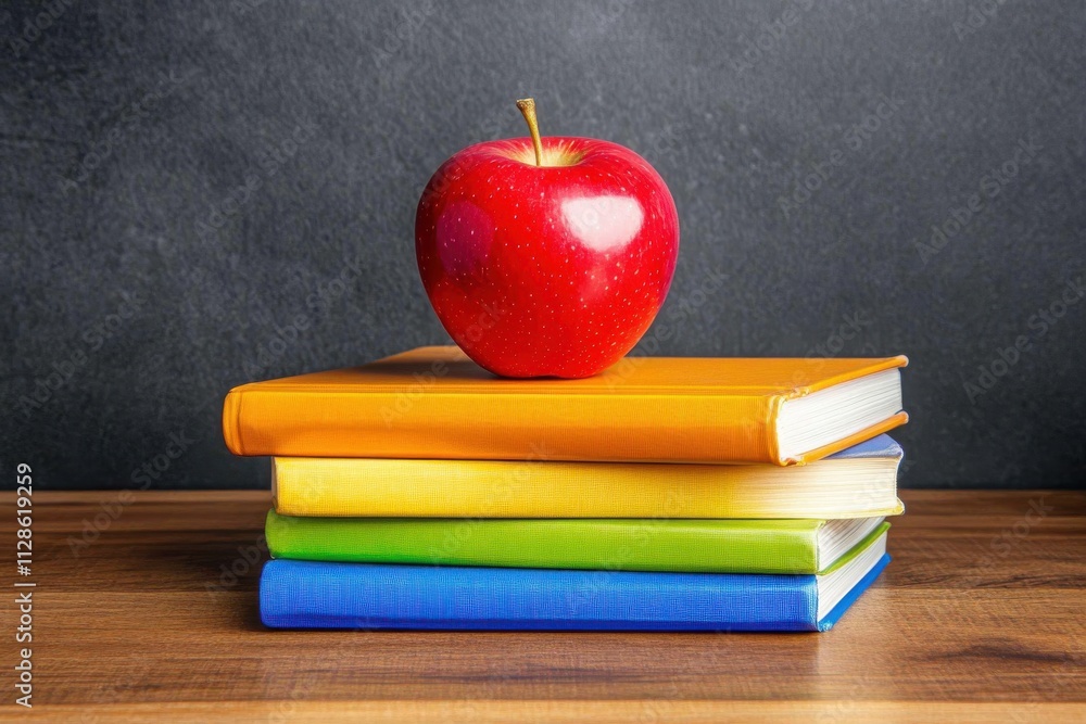 Poster a stack of colorful books with a shiny red apple placed on top, resting on a polished wooden table
