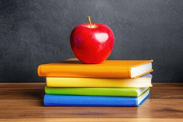 A stack of colorful books with a shiny red apple placed on top, resting on a polished wooden table