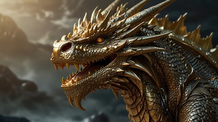 Majestic Golden Dragon Head Against Stormy Sky