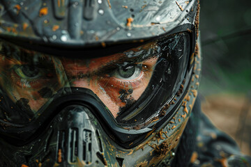 Dynamic paintball player in action with vibrant splashes of color - Generative AI artwork