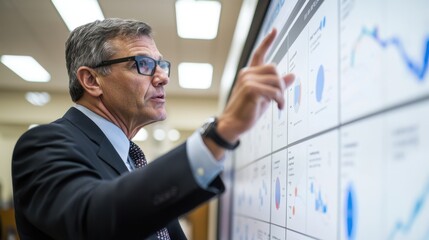 Businessman Analyzing Data on Interactive Whiteboard