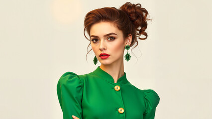 A young woman, wearing a vibrant green, vintage-style dress. Her hair is styled in an elegant, slightly messy updo with loose curls.