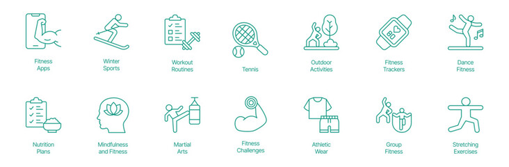 Holistic Fitness and Wellness Icon Set - Vector Illustrations for Fitness Apps, Winter Sports, Workout Routines, Tennis, Outdoor Activities, Fitness Trackers, Dance Fitness, Nutrition Plans 