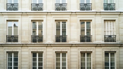 Obraz premium Elegant Parisian architecture, modern minimalist building, facing a wall with windows and doors, sunny afternoon, peaceful atmosphere, no people present.