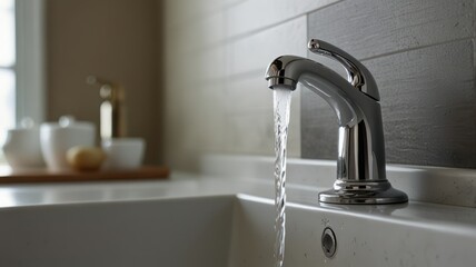 Close-up of chrome faucet with water flowing into a kitchen sink.