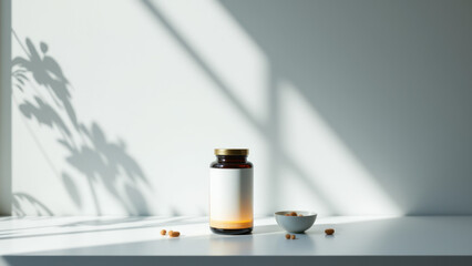 Sunlit counter with NAD supplement bottles and pills.