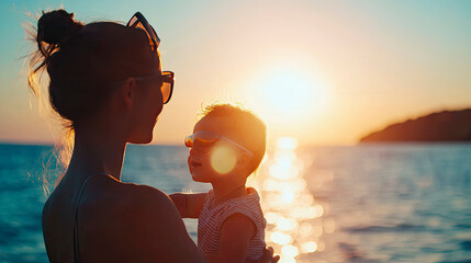 Portrait of mother and child against the sea. Selective focus.