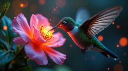 Hummingbird Sipping Nectar from Glowing Flower