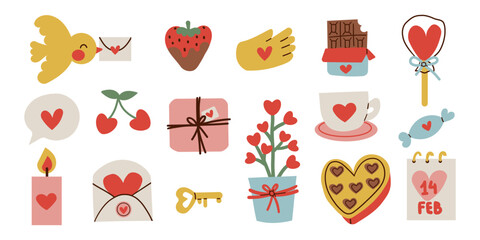 Valentine's day element. Gift, heart, strawberry , key, candy, and others for decorative. Sticker cartoon style. Vector illustration isolate on white .