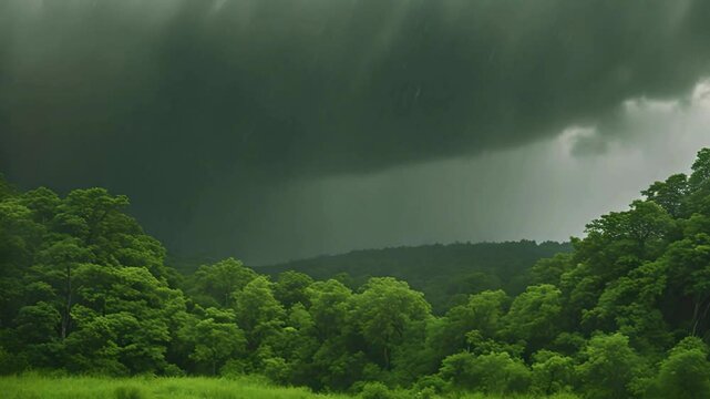 rain clouds over the green forest; it starts raining while the camera is slowly moving around;nature scenery without people