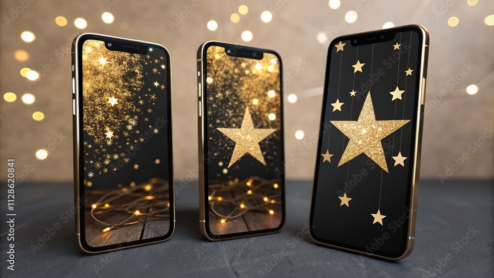 Poster a series of elegant vertical backdrops featuring golden bokeh and twinkling stars on a dark backgrou