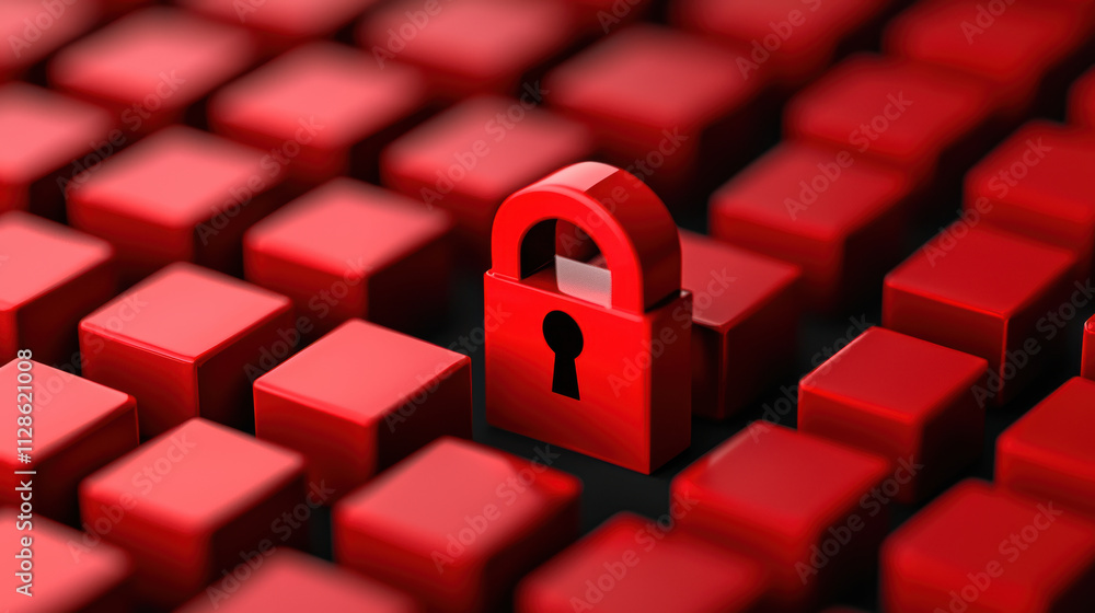 Poster conceptual image of red padlock on background of red cubes, symbolizing security and protection