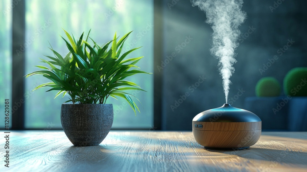 Poster a sleek diffuser releases gentle steam beside a lush green plant, creating a serene atmosphere in a 
