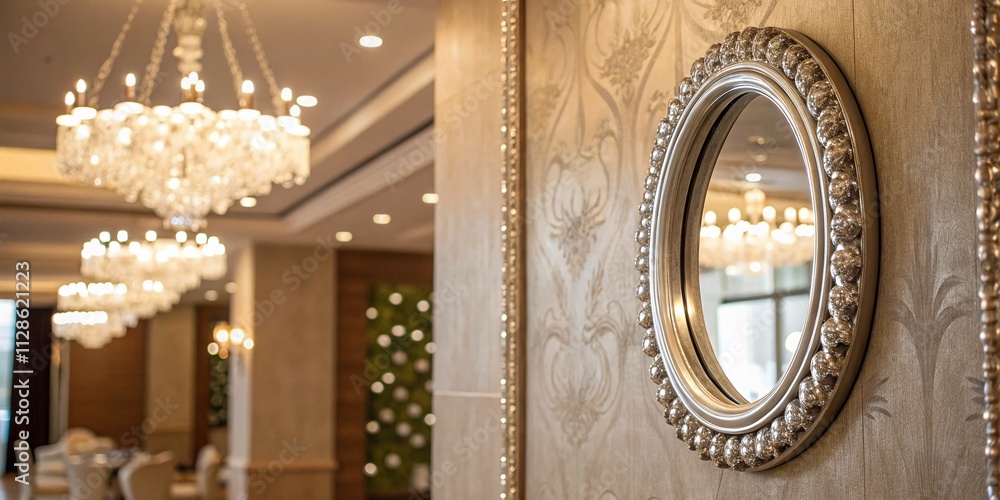 Poster a silver mirror on a wall reflecting light, creating a bright, shimmering effect in a stylish interi