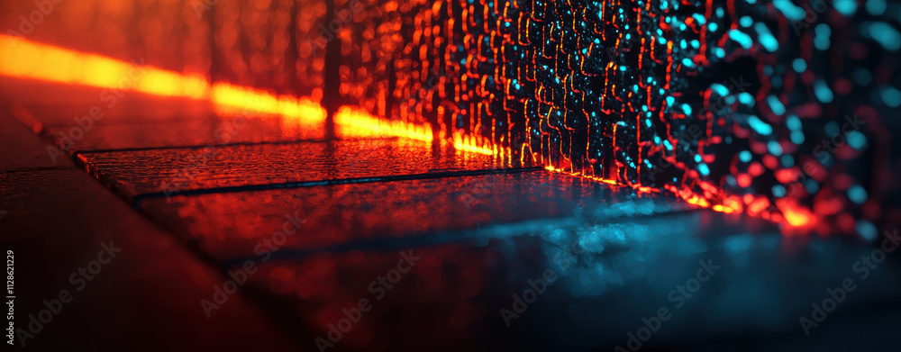 Poster vibrant abstract representation of illuminated surfaces with reflections. interplay of blue and oran