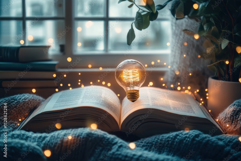 Aufkleber an open book with a glowing light bulb positioned above its center symbolizing