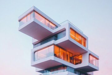 An innovative architectural structure with stacked white levels and large windows