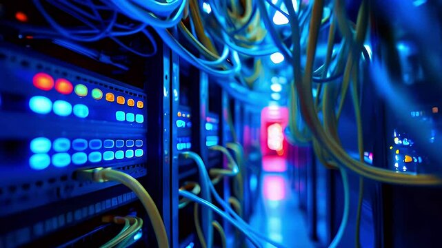 A close-up view of server equipment with illuminated cables and lights in a data center.