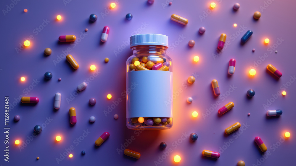 Poster this image features a bottle of nad supplement surrounded by scattered capsules on a purple surface 