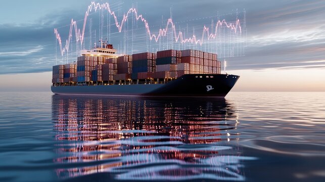 Digital illustration displays an ocean freight ship surrounded by containers and vibrant data visualizations, symbolizing global trade