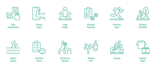 Comprehensive Wellness and Activity Icon Set - Vector Illustrations for Gym Equipment, Fitness Apps, Yoga Poses, Workout Routines, Running Gear, Outdoor Activities, Water Sports, Nutrition Plans 