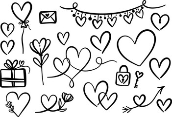 Valentine day vector doodle set, ink line art heart illustration, festive love symbol clip art design collection