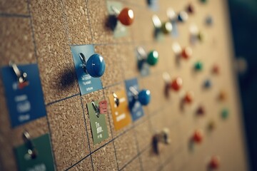 A marketing campaign calendar pinned to a corkboard.