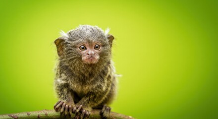 Curious pygmy marmoset on branch against vibrant green background